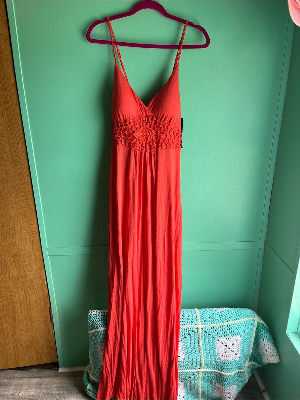 iris Coral Spaghetti-Strap Crochet-Waist Maxi Dress
